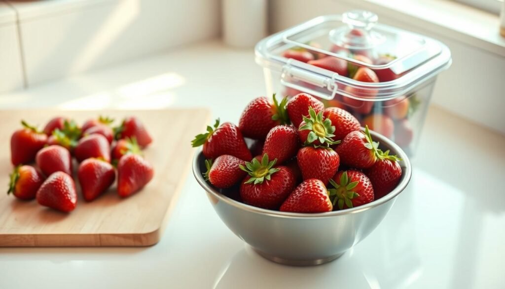 A bright, airy kitchen counter with a cutting board and a stainless steel bowl filled with freshly washed strawberries. The berries are arranged neatly, their ruby-red hues glistening under warm, diffused lighting. In the background, a glass storage container with a tight-fitting lid sits, ready to preserve the strawberries' delicate flavor and texture. The scene exudes a sense of care and attention to detail, reflecting the importance of properly storing clean, high-quality strawberries.