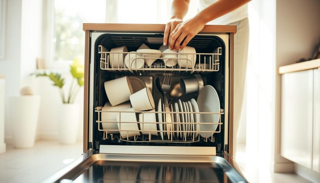 A bright, airy kitchen interior with a stainless steel dishwasher in the foreground, its door open to reveal the racks and shelves. The user's hands are visible, carefully loading dirty dishes, cups, and utensils into the racks, arranging them neatly. Warm, natural lighting filters in through a nearby window, casting a soft glow on the scene. The overall atmosphere is one of organized efficiency, as the user methodically prepares the dishwasher for a thorough cleaning cycle. The background is clean and uncluttered, allowing the focus to remain on the dishwasher and the user's actions.