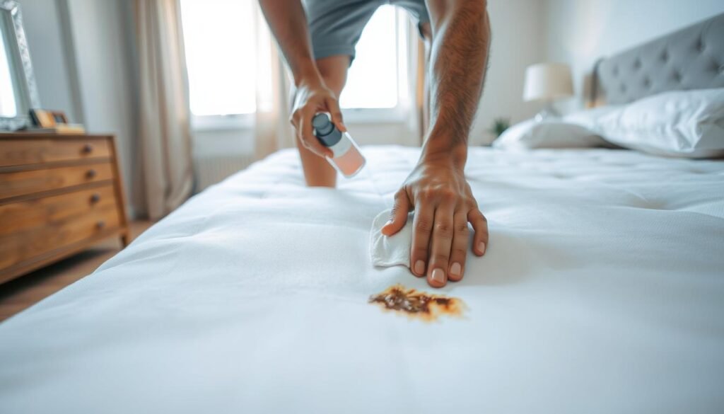 A bright, well-lit bedroom scene. In the foreground, a person in casual clothing is carefully spot cleaning a mattress, using a soft cloth and a specialized cleaning solution. The stain they are addressing is a small, dark discoloration on the mattress surface. The person's movements are deliberate and focused, as they gently blot and dab the stain, trying to lift it without damaging the mattress fabric. In the middle ground, the rest of the mattress is visible, clean and pristine, with crisp white sheets and a plush comforter. The background shows the rest of the bedroom, with a nightstand, a reading lamp, and a window letting in natural light. The overall atmosphere is one of cleanliness, care, and attention to detail.
