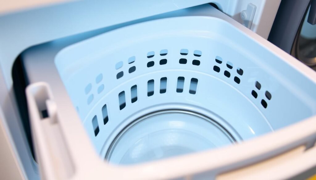 A bright, well-lit close-up shot of an open washing machine detergent drawer, revealing its various compartments and mechanisms. The drawer is pulled out, showcasing its intricate design with precision-engineered grooves, dividers, and removable inserts. The surface of the drawer is clean, free of any built-up residue or stains, reflecting the light in a glossy, pristine manner. The image captures the importance of regularly maintaining and cleaning this often overlooked part of the washing machine, highlighting the key steps and tools needed to keep it in optimal working condition.