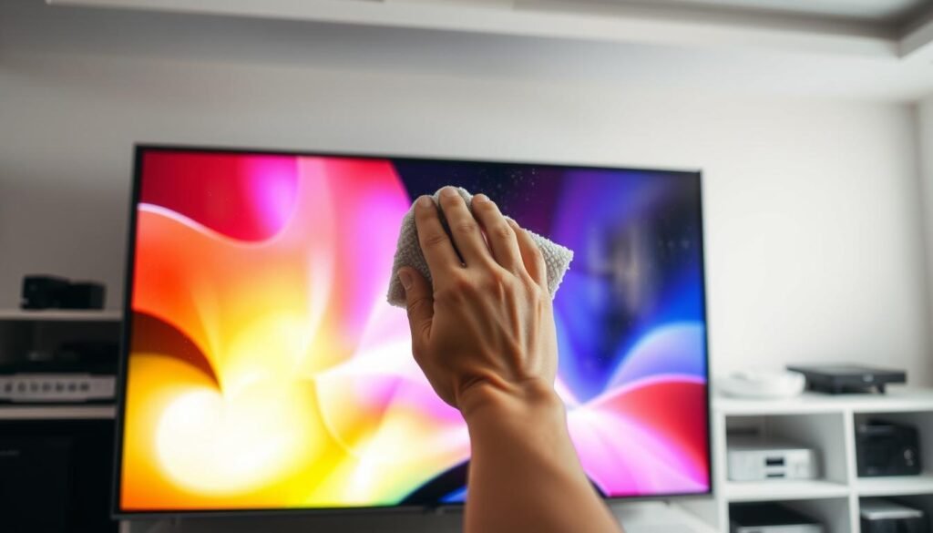 A bright, well-lit interior scene. In the foreground, a TV screen displays a vivid, high-definition image. The surface of the screen is covered in dust, smudges, and fingerprints, creating a hazy, unfocused appearance. In the middle ground, a hand holds a microfiber cloth, poised to gently wipe the screen clean. The background features a neatly organized media cabinet, with various electronics and accessories neatly arranged. The lighting is soft and diffuse, creating a calming, professional atmosphere. The overall composition emphasizes the importance of proper TV screen cleaning techniques, with the hand and microfiber cloth serving as the focal point.