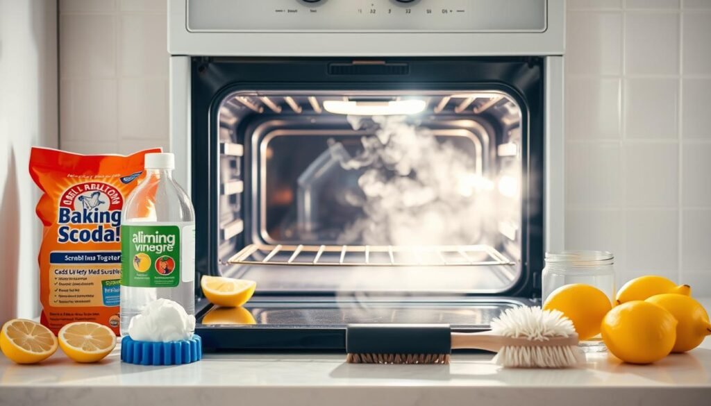 A bright, well-lit kitchen countertop. On it, an array of natural cleaning ingredients - baking soda, vinegar, lemon slices, and a scrub brush. In the center, an open oven door revealing the interior, gently illuminated. Steam rises, indicating an ongoing cleaning process. The scene conveys a sense of efficiency and eco-friendly, homemade solutions for maintaining a sparkling oven. The composition is balanced, with the natural ingredients in the foreground, the oven in the middle ground, and a clean, minimalist background to focus the viewer's attention. A bright, well-lit kitchen countertop. On it, an array of natural cleaning ingredients - baking soda, vinegar, lemon slices, and a scrub brush. In the center, an open oven door revealing the interior, gently illuminated. Steam rises, indicating an ongoing cleaning process. The scene conveys a sense of efficiency and eco-friendly, homemade solutions for maintaining a sparkling oven. The composition is balanced, with the natural ingredients in the foreground, the oven in the middle ground, and a clean, minimalist background to focus the viewer's attention.