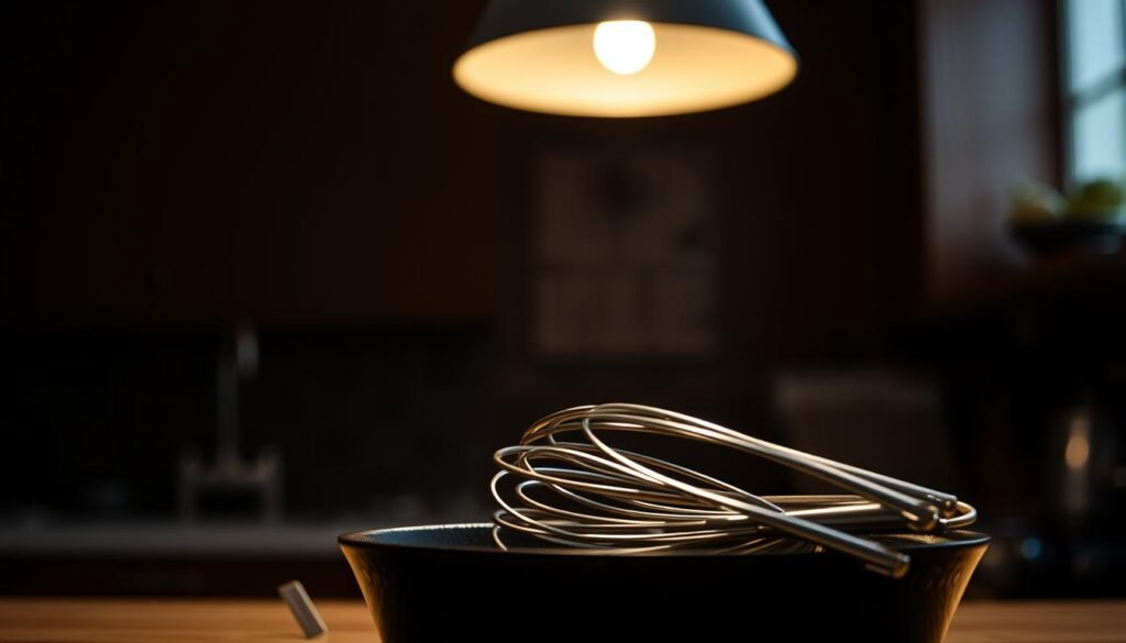 A cast iron skillet in a dimly lit kitchen, the gleam of its seasoned surface reflecting the soft glow of a single pendant light. In the foreground, a stack of metallic kitchen utensils sits ominously, hinting at the potential dangers of improper cleaning. The background is blurred, drawing the viewer's attention to the skillet, a symbol of culinary heritage and the importance of meticulous care. The overall atmosphere is one of caution, emphasizing the need to avoid harsh scrubbing, abrasive cleaners, and submerging the pan in water, which could compromise its delicate, nourishing patina.