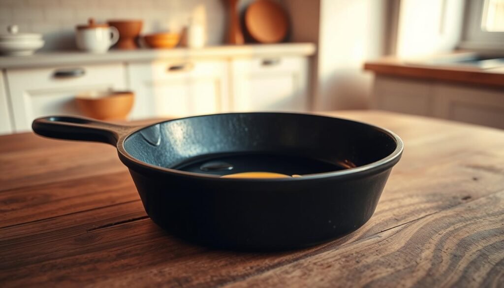 A cast iron skillet sits on a rustic wooden surface, glistening with a layer of freshly applied seasoning oil. The skillet is bathed in warm, golden light, casting a soft, inviting glow. Droplets of oil dot the surface, hinting at the seasoning process just completed. In the background, a minimalist kitchen setup with clean lines and natural materials creates a serene, organized atmosphere. The scene conveys the satisfying ritual of properly caring for and maintaining a well-loved cast iron cookware, ready to be used for many delicious meals to come.