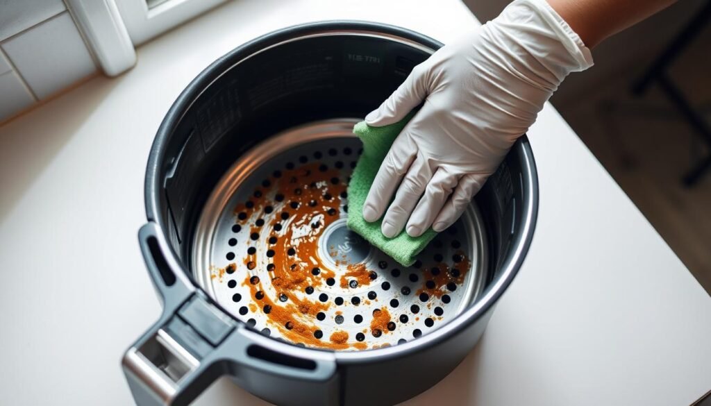 A chrome-plated air fryer basket sits on a white kitchen counter, its surface stained with baked-on food residue. Gloved hands gently scrub the basket with a green sponge, working in small, circular motions to release the stubborn grime. Soft, natural lighting from a nearby window illuminates the scene, casting subtle shadows that accentuate the textural details. The air is filled with a sense of diligence and determination as the user carefully attends to the task at hand, determined to restore the air fryer's pristine condition.