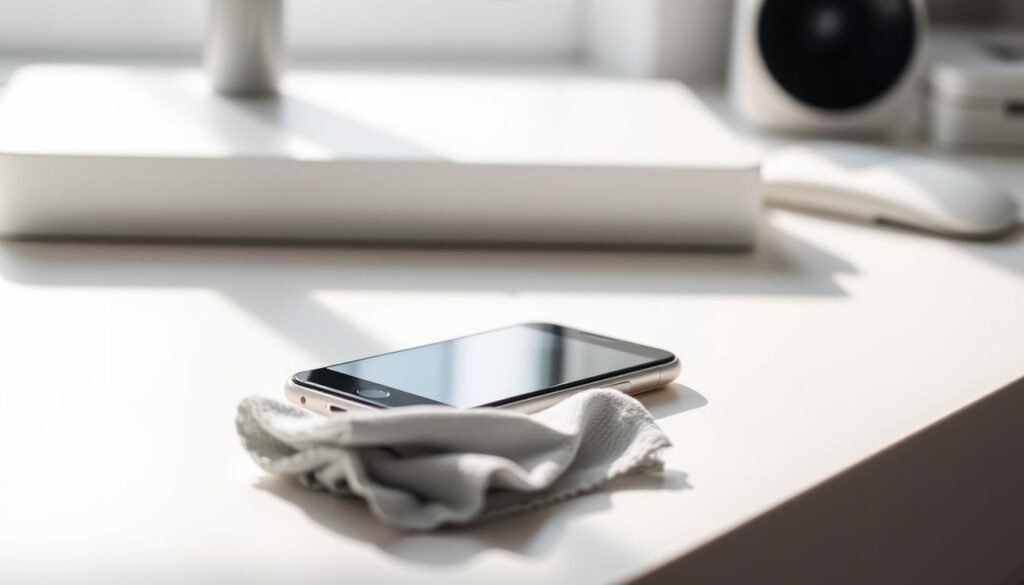 A clean, neatly organized smartphone resting on a minimalist white desk, illuminated by soft, natural lighting filtering through a nearby window. The phone's screen displays a simple interface, conveying a sense of order and digital hygiene. In the foreground, a pair of microfiber cleaning cloths and a small bottle of screen cleaner suggest the routine maintenance required to keep the device in pristine condition. The overall mood is one of efficiency, simplicity, and the importance of regularly caring for one's technological tools.