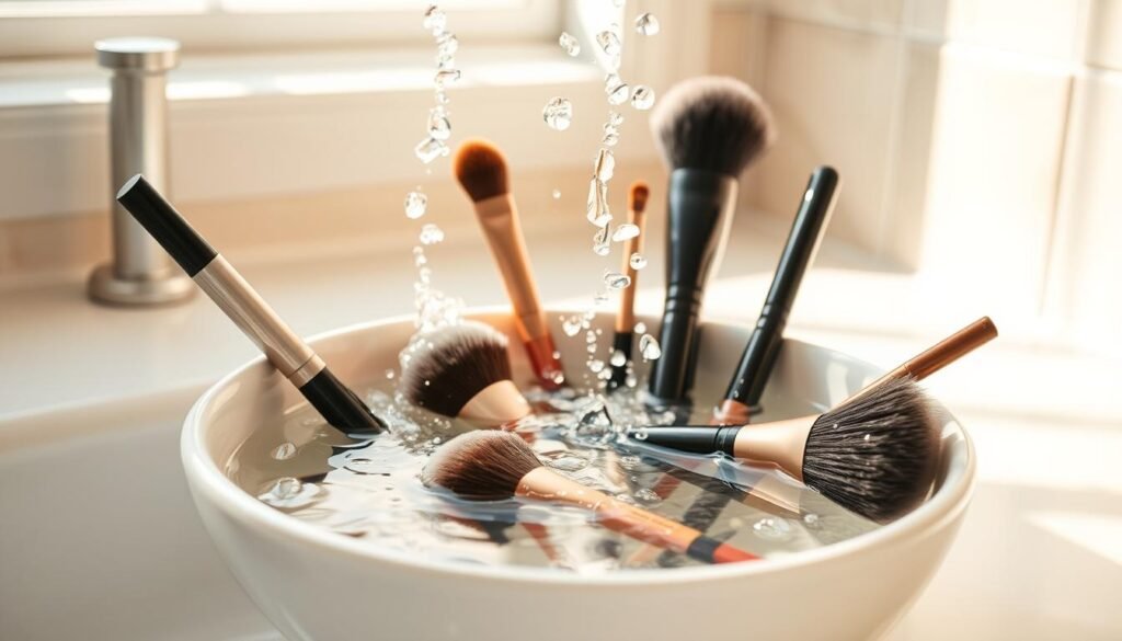 A clean, well-lit bathroom counter with a variety of makeup brushes submerged in a shallow bowl of warm soapy water. The brushes are being gently swirled and agitated, releasing streams of accumulated makeup and oil. Crisp, natural lighting from a nearby window casts a warm, diffused glow, highlighting the delicate bristles and the clarity of the cleaning solution. The scene evokes a sense of calm, restorative care, with the brushes being lovingly restored to their pristine condition, ready to be used again in the artist's makeup routine. A clean, well-lit bathroom counter with a variety of makeup brushes submerged in a shallow bowl of warm soapy water. The brushes are being gently swirled and agitated, releasing streams of accumulated makeup and oil. Crisp, natural lighting from a nearby window casts a warm, diffused glow, highlighting the delicate bristles and the clarity of the cleaning solution. The scene evokes a sense of calm, restorative care, with the brushes being lovingly restored to their pristine condition, ready to be used again in the artist's makeup routine.