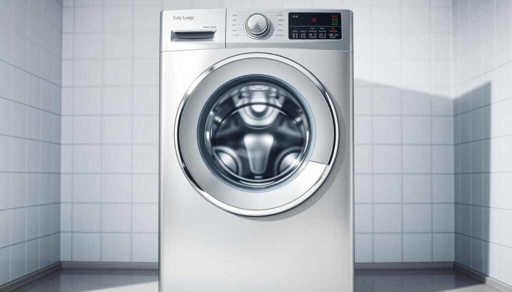 A clean, well-lit front-loading washing machine standing in a modern, minimalist laundry room. The machine's exterior is made of sleek, brushed stainless steel, with a large, circular glass door framed by a chrome trim. The control panel is neatly arranged with intuitive touch buttons and a digital display. The machine is positioned against a simple, white tiled wall, with ample space around it for easy access and maintenance. Soft, directional lighting illuminates the scene, emphasizing the machine's clean, elegant lines and reflecting off the shiny surfaces. The overall mood is one of order, functionality, and attention to detail.
