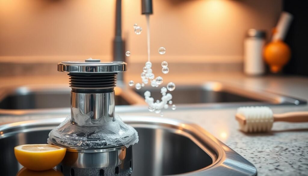 A clean, well-lit kitchen counter with a stainless steel sink and a gleaming garbage disposal unit in the foreground. The disposal's shiny chrome finish reflects the warm, diffused lighting from above. Bubbles and foaming suds spill out, signaling a thorough cleaning. Fresh lemon slices and a clean scrub brush rest nearby, hinting at the natural cleaning process. The background is blurred, keeping the focus on the disposal's revitalization.