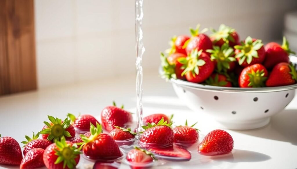A clean, well-lit kitchen counter with fresh strawberries, a bowl of water, and a colander. The strawberries are vibrant red, with their green leafy tops intact. A gentle stream of water flows over the berries, washing away any dirt or debris. The lighting is soft and natural, casting a warm glow over the scene. The angle is slightly elevated, allowing the viewer to observe the entire process of cleaning the strawberries. The overall mood is one of simplicity and cleanliness, reflecting the "when to clean strawberries" section of the article.