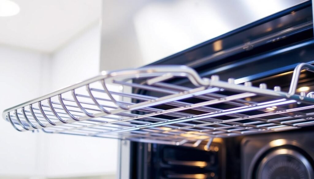 A clean, well-lit kitchen interior with bright, modern lighting illuminating a set of sturdy, chrome-plated oven racks in the foreground. The racks are suspended in mid-air, their curved bars and solid construction creating a sense of industrial utility. In the background, the oven door is visible, its glass panel offering a glimpse into the appliance's interior. The overall scene conveys a sense of order, efficiency, and attention to detail, reflecting the "Oven Racks and Door Care: From Grease to Glass" section of the article.