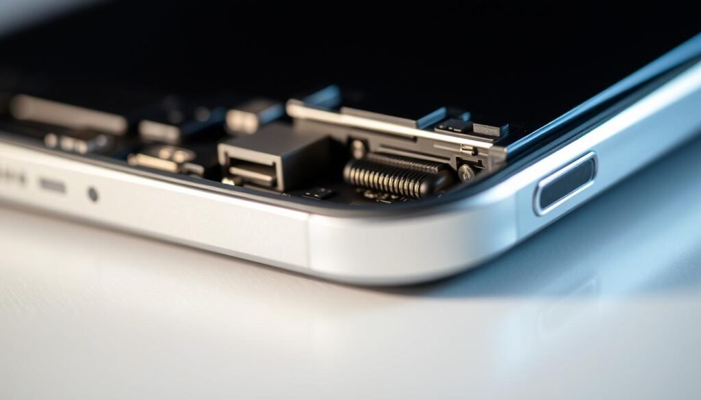 A close-up, detailed view of an iPhone's charging port, showcasing its intricate inner workings. The port is partially disassembled, revealing the delicate connectors and circuitry within. Crisp, high-resolution lighting illuminates the scene, highlighting the precision engineering and highlighting the need for professional expertise when attempting repair. The background is blurred, keeping the focus on the central subject, conveying a sense of technical complexity and the importance of proper handling. The overall mood is one of thoughtful consideration, emphasizing the care and caution required when addressing issues with this sensitive component.