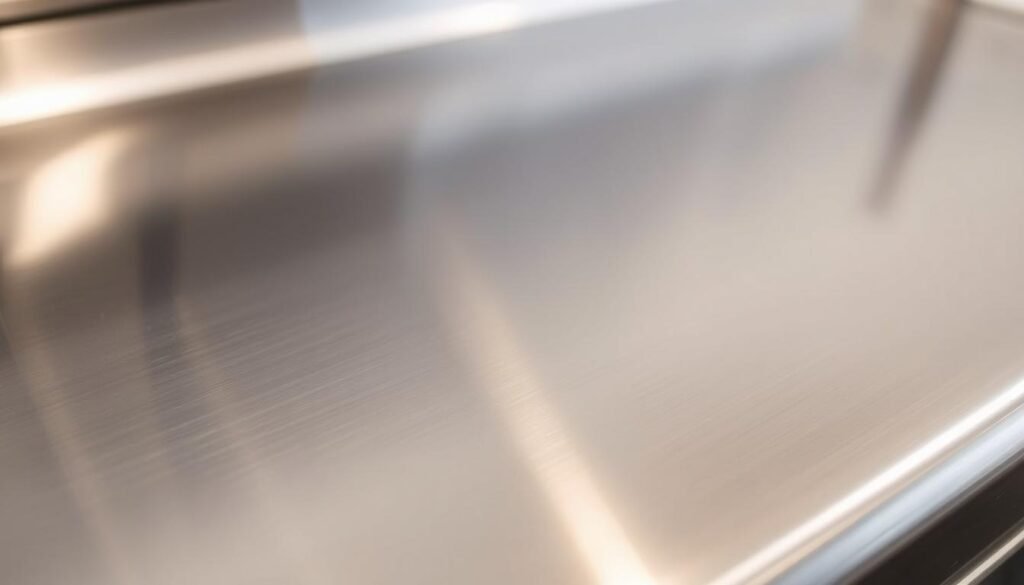 A close-up shot of a high-quality, stainless steel product, with a glossy, mirror-like finish that reflects the surrounding environment. The surface appears smooth and unblemished, with a sleek, modern aesthetic. The lighting is soft and diffused, creating subtle shadows that accentuate the curves and contours of the object. The background is blurred, allowing the stainless steel to be the focal point of the image. The overall atmosphere conveys a sense of cleanliness, sophistication, and high-end craftsmanship, perfectly suited for showcasing the best products for cleaning stainless steel appliances.