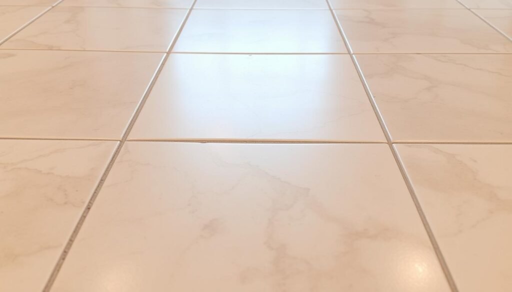 A close-up shot of a marble tile floor, the grout lines pristine and crisp, glistening with a subtle sheen under warm, diffused lighting. The grout is a uniform, light gray color, its texture slightly textured yet smooth. The tiles themselves are a light beige, their natural veining adding depth and character to the scene. The image has a sense of cleanliness and attention to detail, conveying the care and maintenance required to keep natural stone flooring looking its best.