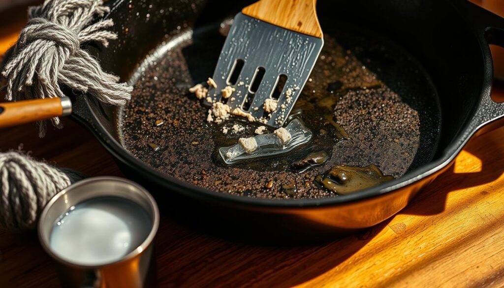 A close-up view of a cast iron skillet being cleaned. The skillet is placed on a wooden kitchen counter, with a steel wool scrubber, a spatula, and a small bowl of soapy water in the foreground. Warm, directional lighting illuminates the scene, casting dramatic shadows and highlights on the rugged, seasoned surface of the skillet. The focus is on the process of scrubbing and removing stubborn food residue, with the spatula being used to gently dislodge and lift off the tougher bits. The overall mood is one of a skilled, methodical kitchen task, with an emphasis on the durability and versatility of the cast iron cookware.