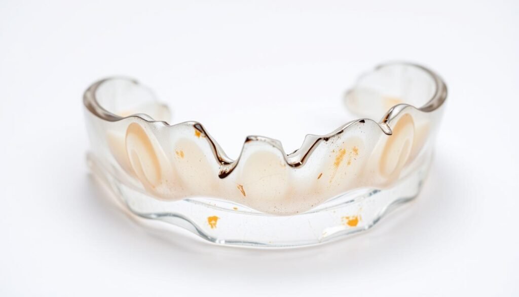 A close-up view of a damaged orthodontic retainer, its clear plastic material cracked and warped, with jagged edges and discolored surfaces. The retainer is set against a plain white background, brightly lit from the side to emphasize the uneven, distorted shape and the signs of wear and tear. The focus is on the retainer itself, capturing the details that reveal how improper care and usage can compromise the structural integrity of this essential dental device.