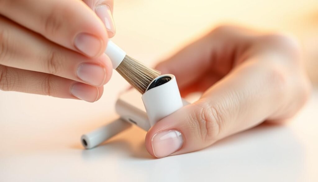 A close-up view of a human hand gently cleaning the nozzle of an AirPods Pro earbud with a small brush. The earbud is placed on a clean, white surface, allowing for a clear focus on the detailed cleaning process. Warm, soft lighting illuminates the scene, creating a sense of care and attention. The composition emphasizes the intricate, precise movements required to properly maintain the audio device, reflecting the importance of this step in the overall AirPods cleaning guide.