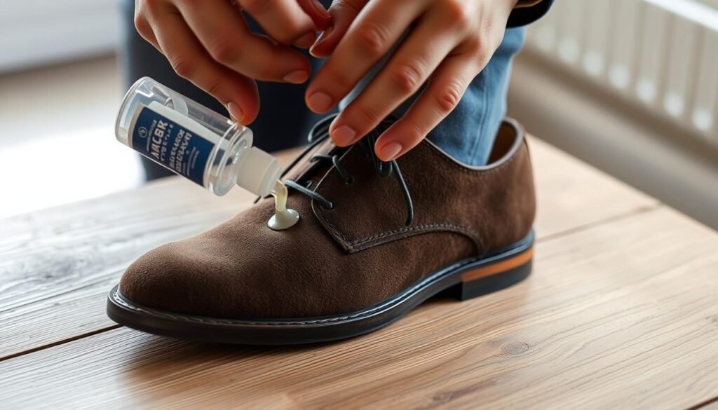 A close-up view of a person's hands carefully applying a waterproofing solution to a pair of suede shoes, positioned on a wooden surface. The lighting is soft and natural, highlighting the texture of the suede and the application process. The background is blurred, allowing the focus to remain on the shoes and the task at hand. The image conveys a sense of care and attention to detail, reflecting the importance of protecting suede shoes from future damage.