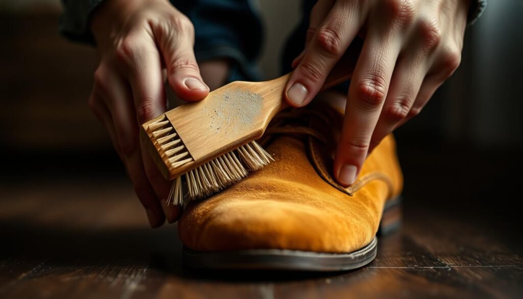 A close-up view of a person's hands gently brushing a pair of suede shoes with a soft-bristled suede brush. The shoes are a warm tan color, their nap slightly matted with accumulated dust and dirt. The lighting is soft and diffused, creating a warm, intimate atmosphere. The background is blurred, keeping the focus on the hands and shoes in the center of the frame. The scene conveys a sense of care and attention to detail as the person diligently cleans the suede, restoring its original luster.