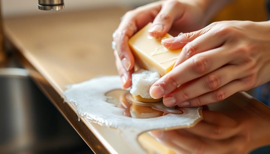 A close-up view of a person's hands scrubbing a brass object with a bar of soap and water, creating a gentle foaming lather. The brass surface reflects the ambient lighting, showcasing its natural shine and warmth. The background is blurred, keeping the focus on the hands and the brass piece being cleaned. The lighting is soft and diffused, creating a soothing, calm atmosphere. The composition emphasizes the simplicity and effectiveness of this traditional cleaning method, perfectly suiting the "Simple Methods for Cleaning Brass" section of the article.