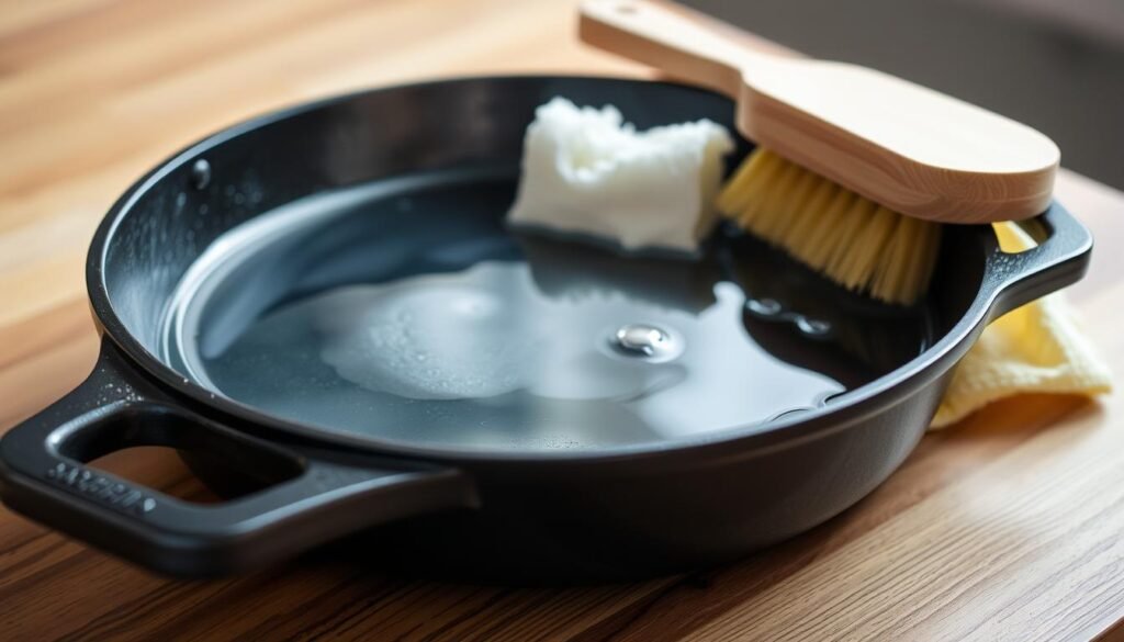 A close-up view of a well-seasoned cast iron skillet, placed on a wooden surface. The skillet is half-filled with warm water, with a dishwashing sponge and a soft-bristled brush resting beside it. The lighting is soft and diffused, creating a warm, inviting atmosphere. The scene conveys a sense of care and attention, emphasizing the importance of gently cleaning the skillet to preserve its nonstick properties and longevity. The background is slightly blurred, keeping the focus on the skillet and the cleaning process.