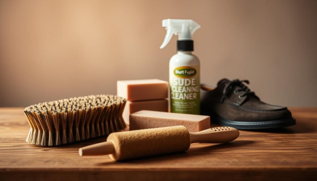 A collection of suede cleaning tools arranged on a wooden surface, illuminated by warm, natural lighting. In the foreground, a soft-bristled suede brush and a suede eraser sit side by side. In the middle ground, a suede cleaning block and a specialized suede cleaner spray bottle are displayed. The background features a neutral, blurred backdrop, allowing the tools to take center stage. The overall mood is one of simplicity and functionality, reflecting the essential nature of these items for maintaining the pristine condition of suede shoes.