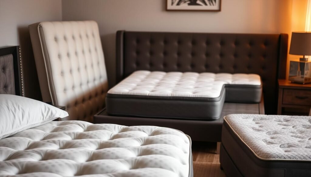 A cozy bedroom scene showcasing various mattress types. In the foreground, a king-size pillow-top mattress takes center stage, its plush surface inviting and supportive. Nearby, a traditional innerspring mattress stands tall, its crisp edges and tufted design exuding timeless elegance. In the middle ground, a memory foam mattress gently contours to the body, its surface a serene, matte grey. Finally, in the background, a hybrid mattress blends the support of coils and the comfort of foam, its textured cover hinting at its sophisticated construction. Soft, warm lighting casts a soothing glow, creating an atmosphere of relaxation and tranquility.