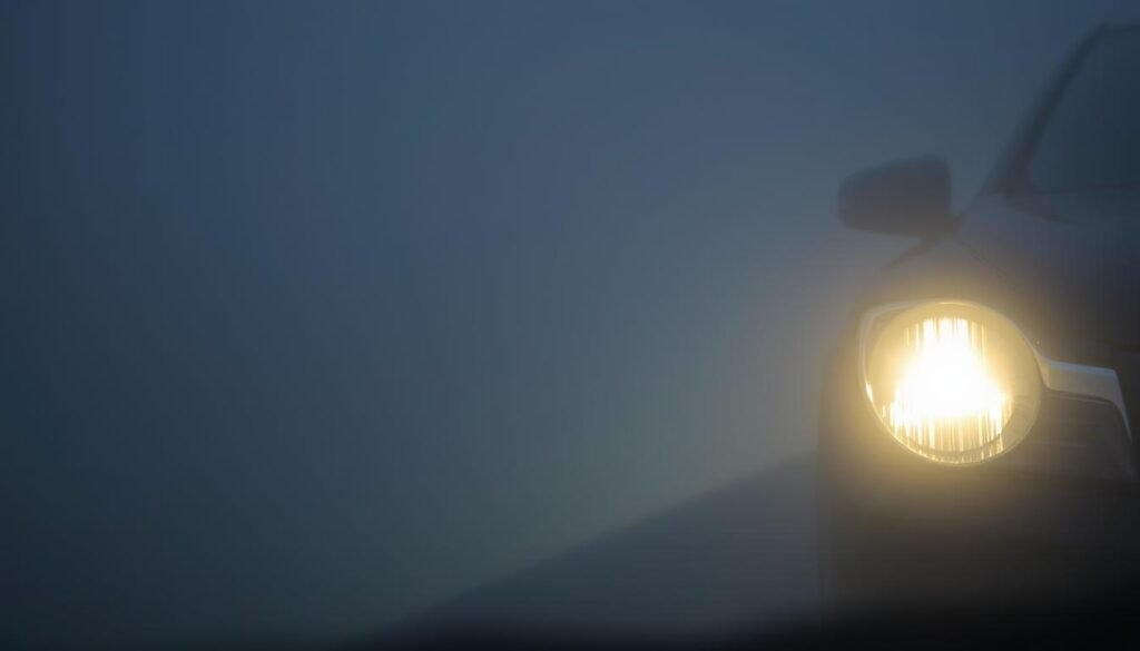 A dimly lit road, shrouded in a hazy, opaque veil of fog. The headlights of a car struggle to pierce through the thick, milky mist, casting a dull, yellowish glow that barely illuminates the way ahead. The once-clear lenses are now obscured by a layer of accumulated grime, residue, and weathering, diffusing and scattering the light, reducing visibility and creating an unsettling, ominous atmosphere. The scene conveys a sense of uncertainty, caution, and the urgent need for clear, effective illumination to navigate the treacherous conditions safely.