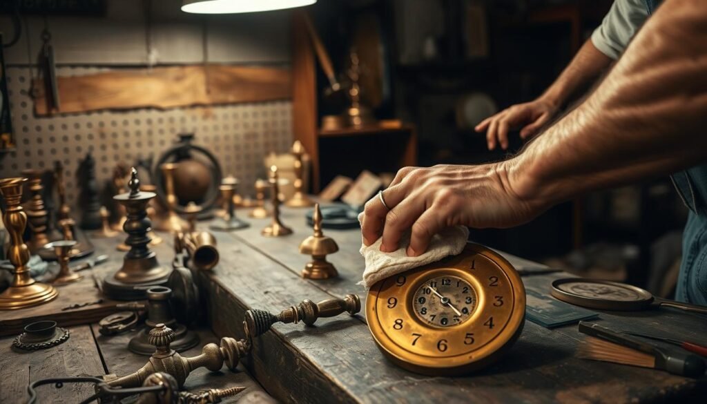 A dimly lit workshop, the surface of a weathered wooden workbench illuminated by a single overhead lamp. Scattered across the bench are an assortment of brass objects in various stages of tarnish and disrepair - a collection of antique candlesticks, an old-fashioned door knocker, and a tarnished brass clock face. In the foreground, a pair of strong, calloused hands gently wipe a cleaning cloth across the surface of a brass object, slowly buffing away the grime and revealing the brilliant luster beneath. The workshop is filled with the scent of brass polish and the faint hiss of a soft-bristled brush working its magic. The atmosphere is one of focused concentration and quiet determination, as the skilled artisan troubleshoots the best approach to restoring each unique brass item to its former glory.