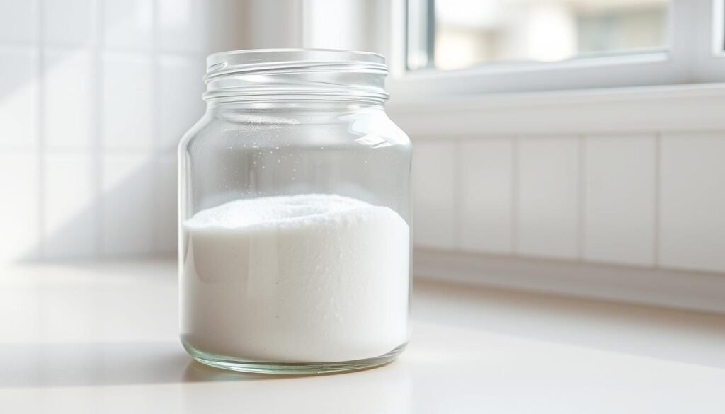 A glass jar filled with baking soda sits on a clean, tidy kitchen counter. The jar's transparent glass allows the fine, powdery baking soda to be clearly visible, illuminated by soft, natural lighting from a nearby window. The counter is made of a smooth, light-colored material, providing a clean, minimalist backdrop that emphasizes the simplicity and functionality of the baking soda. The scene conveys a sense of freshness, cleanliness, and practicality, perfectly suited to illustrate a section on using baking soda to freshen and care for the interior of UGG boots.