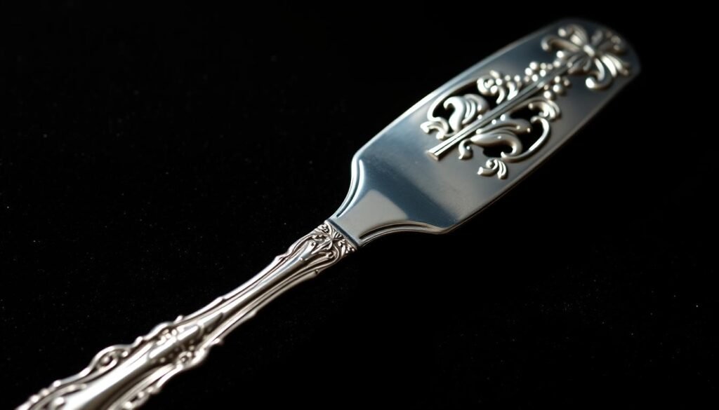 A meticulously clean and gleaming silver item, its surface reflecting the light like a mirror. The object is placed on a dark, velvety background, allowing the silver to take center stage. Dramatic, directional lighting from the side casts deep shadows, highlighting the intricate patterns and textures of the silverware. The image has a sense of depth, with the foreground item in sharp focus and the background softly blurred. The overall mood is one of elegance, luxury, and attention to detail, perfectly suited for illustrating a section on "Deep Cleaning Silver Items". A meticulously clean and gleaming silver item, its surface reflecting the light like a mirror. The object is placed on a dark, velvety background, allowing the silver to take center stage. Dramatic, directional lighting from the side casts deep shadows, highlighting the intricate patterns and textures of the silverware. The image has a sense of depth, with the foreground item in sharp focus and the background softly blurred. The overall mood is one of elegance, luxury, and attention to detail, perfectly suited for illustrating a section on "Deep Cleaning Silver Items".