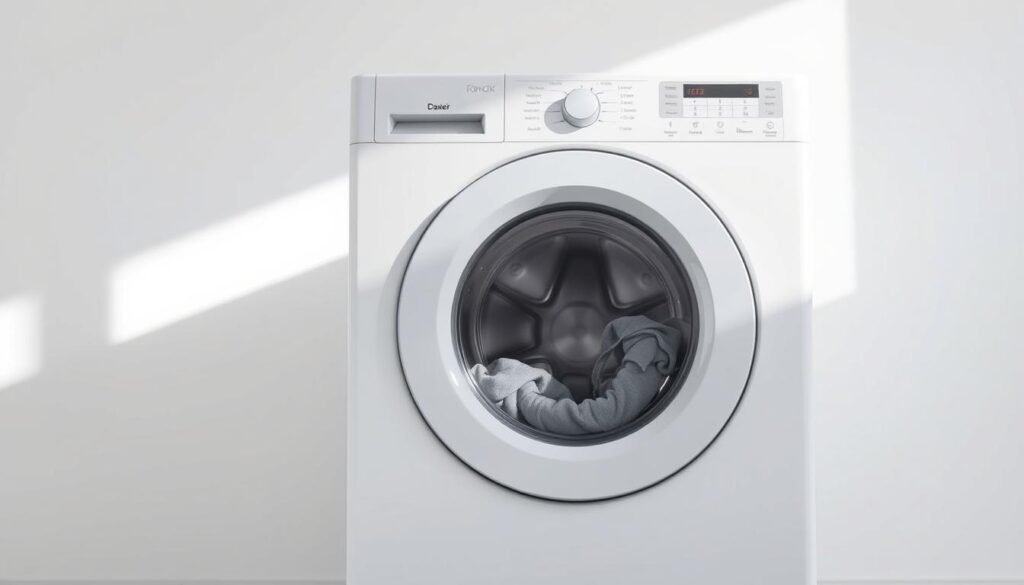 A modern, white washing machine set against a clean, minimalist background. The machine's front panel features a tempered glass window, revealing the gentle swirling of water and clothes inside. Bright, natural light streams in from an unseen window, casting a soft, even glow on the appliance. The machine's control panel is visible, with sleek, intuitive buttons and dials. The overall scene conveys a sense of efficient, hassle-free cleaning, well-suited for the task of reviving dirty, stained shoes.