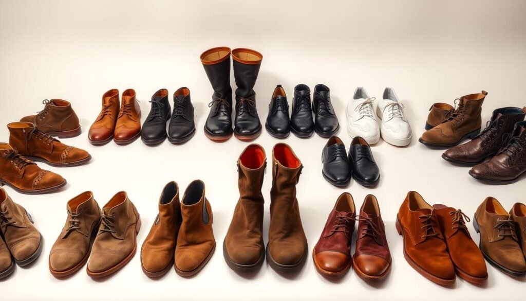 A neatly arranged display of various shoes and boots on a minimalist white backdrop, illuminated by soft, even lighting. The foreground features a diverse assortment of suede footwear, including ankle boots, knee-high boots, and oxfords, showcasing their rich textures and natural colors. In the middle ground, a selection of leather dress shoes and casual sneakers complements the suede pieces. The background maintains a clean, uncluttered aesthetic, allowing the footwear to take center stage. The overall composition exudes a sense of order and professionalism, perfectly suited to illustrate the "Shoes and boots: our proven workflow" section of the article.