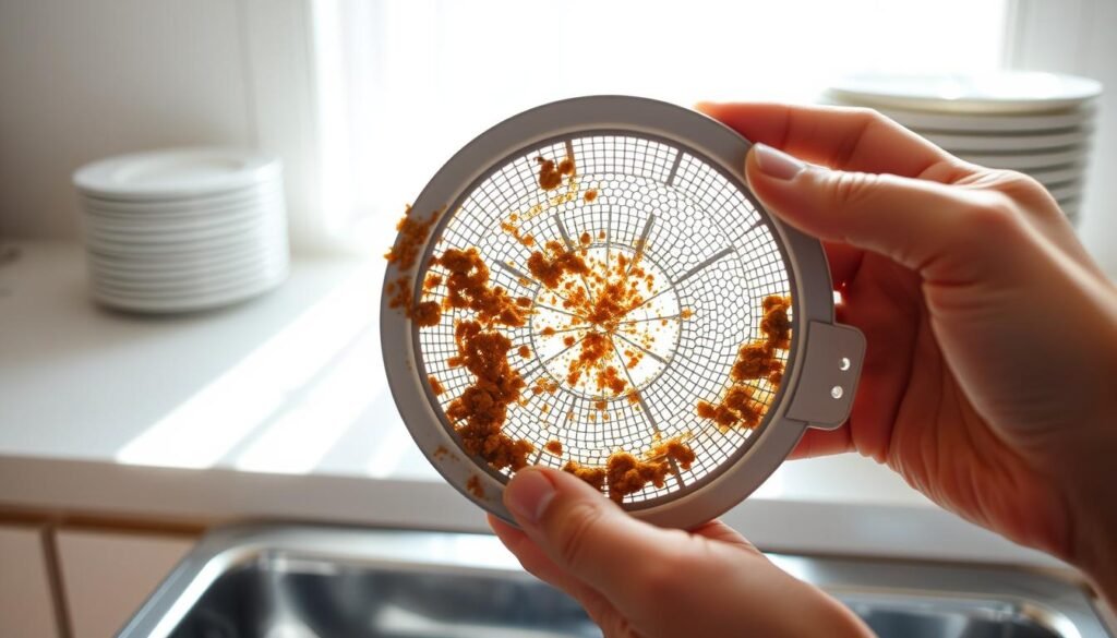 A person's hands carefully removing the dishwasher filter, revealing a grimy mesh of accumulated food particles and debris. The filter is held up against a bright, natural light, casting intricate shadows. The kitchen counter behind is clean and uncluttered, with a stack of clean dishes in the background. The scene is captured with a macro lens, providing a detailed, up-close view of the filter's inner workings. The overall mood is one of attention to detail and the importance of regular dishwasher maintenance.