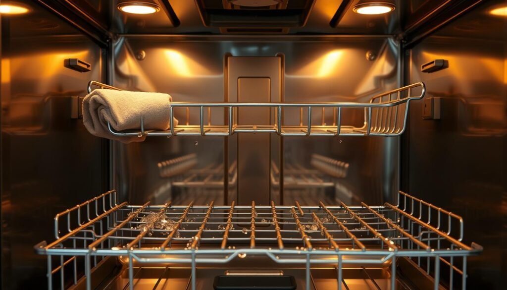 A pristine dishwasher interior, lit by warm, diffused lighting that casts a soft glow. The stainless steel walls gleam, reflecting the cleaning cloth as it wipes away any remnants of grime or residue. The racks are spotless, their chrome-plated tines polished to a shine. Droplets of water bead on the surfaces, testament to a thorough rinse. A fresh, clean scent permeates the scene, creating a sense of order and hygiene. The entire interior is meticulously maintained, ready to welcome the next load of dishes for a spotless clean.