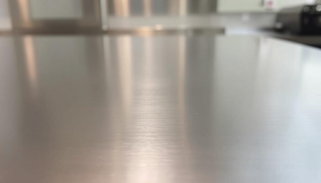 A pristine stainless steel surface gleams under soft, diffuse lighting, showcasing its sleek, mirror-like finish. The metal reflects the surrounding environment, creating a sense of depth and dimension. The foreground features clean, unblemished steel, free of any smudges or fingerprints. The middle ground reveals the subtle brushed texture, adding visual interest. In the background, a gentle, out-of-focus blur suggests a minimalist, uncluttered setting, allowing the steel to be the focal point. The overall mood is one of clinical precision, order, and attention to detail, perfectly capturing the essence of "How to Clean Stainless Steel: Our step-by-step method".