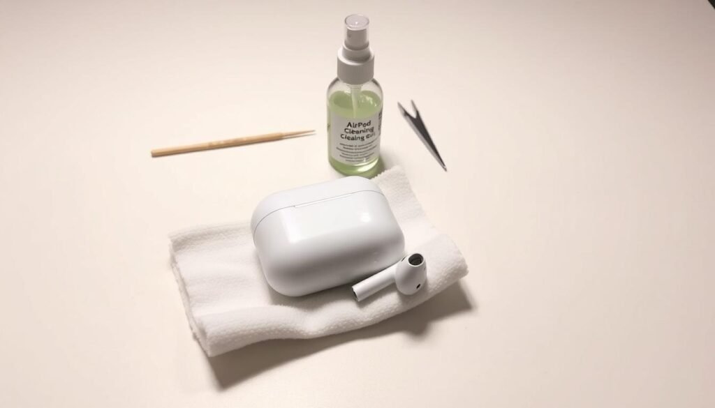 A pristine white tabletop is the setting, with soft, even lighting illuminating the scene. In the foreground, a set of AirPods rests atop a clean microfiber cloth, its fuzzy surface ready to gently wipe away any dust or grime. In the middle ground, a small spray bottle of a specialized AirPod cleaning solution stands ready, its label clearly visible. Behind it, a wooden toothpick and a small pair of tweezers lie in wait, poised to tackle any stubborn debris. The overall atmosphere conveys a sense of focus and attention to detail, perfectly suited for the task of thoroughly cleaning these delicate audio devices.