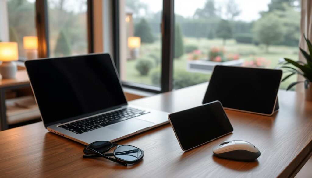 A serene home office setup with a laptop, smartphone, and tablet arranged neatly on a modern wooden desk. The lighting is soft and diffused, creating a warm, inviting atmosphere. In the background, a large window overlooks a peaceful garden, symbolizing the tranquility of a secure online environment. The desk accessories, such as a pair of glasses and a sleek mouse, convey a sense of professionalism and attention to detail. The overall scene exudes a feeling of safety and mindfulness, encouraging the viewer to adopt safe browsing practices for their digital devices.