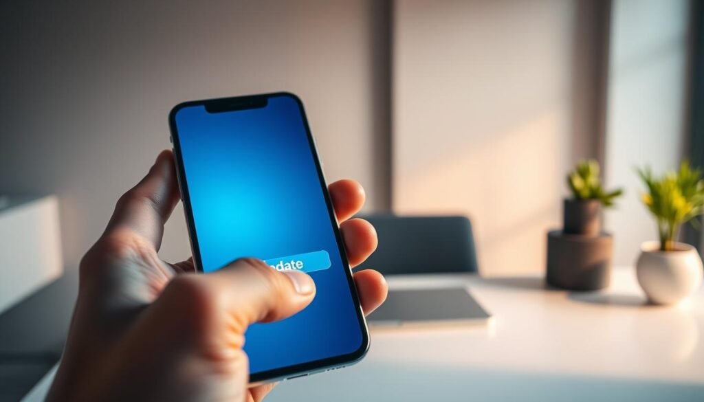 A smartphone screen displays a software update notification, its interface glowing with a futuristic aesthetic. In the foreground, a hand hovers over the "Update" button, cast in soft, warm lighting. The background features a minimalist workspace with sleek, contemporary furnishings, hinting at a professional setting. The overall mood is one of efficiency and technological progress, capturing the importance of keeping a mobile device up-to-date to maintain security and performance.