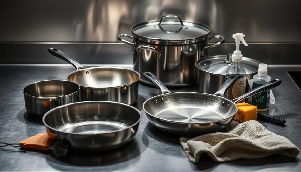 A stainless steel kitchen countertop, dimly lit from overhead. In the foreground, a set of high-quality stainless steel cookware, including a saucepan, a frying pan, and a stock pot, arranged neatly. The surfaces of the pans are slightly dull, indicating they need cleaning. A variety of cleaning tools are placed around the pans, including a wire brush, a sponge, a bottle of stainless steel cleaner, and a microfiber cloth. The lighting casts subtle shadows, emphasizing the textures and contours of the pans and tools. The overall scene conveys a sense of organization and the importance of properly maintaining high-quality cookware.