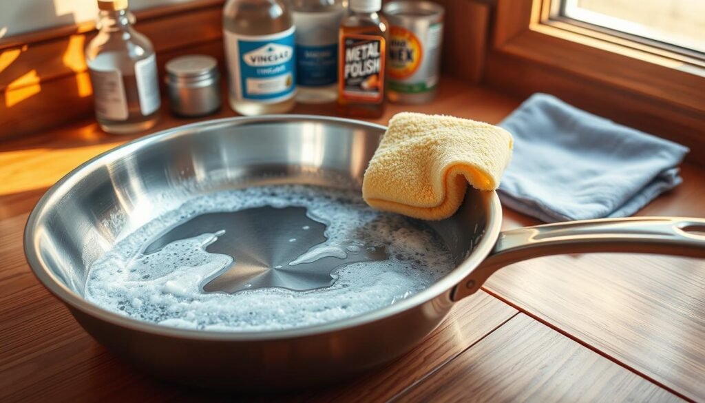 A stainless steel pan on a wooden kitchen counter, illuminated by warm, natural lighting from a nearby window. The pan is being scrubbed with a soft sponge and a mild dish soap solution, creating a layer of sudsy bubbles. In the background, various cleaning supplies such as a bottle of vinegar, a metal polish, and a microfiber cloth are neatly arranged, suggesting a step-by-step cleaning process. The scene conveys a sense of cleanliness, efficiency, and attention to detail, providing a clear visual reference for the "Step-by-Step Cleaning Guide" section of the article.