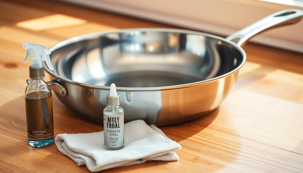 A stainless steel pan rests on a clean, wooden countertop, gleaming under warm, natural lighting. The pan's surface is pristine, with a mirror-like finish, reflecting the surrounding environment. In the foreground, a soft cloth and a small bottle of stainless steel cleaner stand ready, hinting at the careful maintenance required to preserve the pan's luster. The background is slightly blurred, allowing the pan to be the focal point, emphasizing its importance as the subject of the image. The overall scene conveys a sense of order, attention to detail, and the appreciation for the enduring quality of a well-maintained stainless steel cooking vessel.