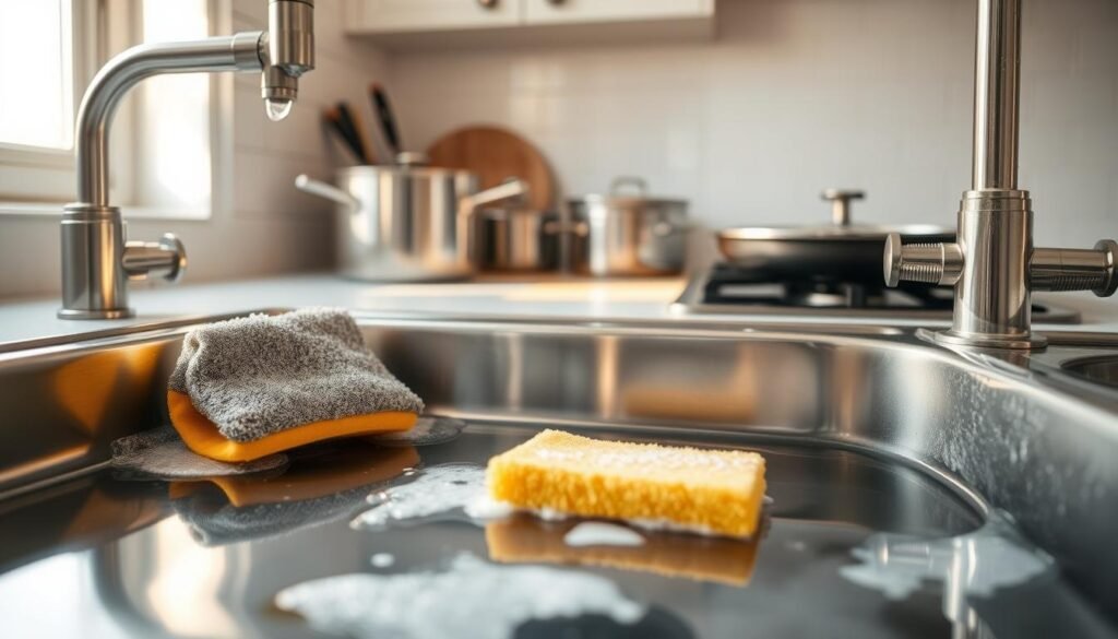 A stainless steel sink filled with soapy water, a sponge and a steel wool pad lying next to it. The sink is lit by warm, natural light filtering through a nearby window, casting soft shadows on the shiny metal surface. In the middle ground, a variety of stainless steel cookware, including a large pot and a frying pan, are arranged neatly. The background features a clean, minimalist kitchen with white cabinets and tiled walls. The scene conveys a sense of order and cleanliness, with the focus on the effective methods for maintaining the luster of stainless steel.