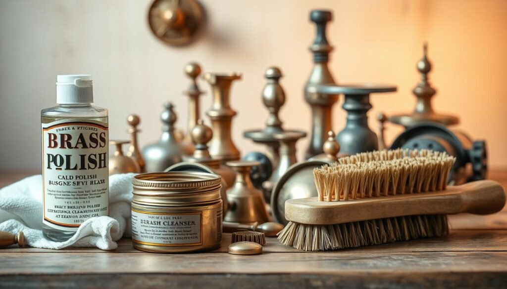 A still life arrangement showcasing an assortment of brass cleaning supplies on a wooden surface. In the foreground, an old-fashioned brass polish, a soft cloth, and a brass-bristle brush. In the middle ground, various brass trinkets and fixtures, some tarnished, others gleaming. The background features soft, warm lighting, accentuating the rich, golden hues of the brass. The overall scene conveys a sense of care, attention to detail, and the satisfying process of restoring the luster to these timeless metallic objects.