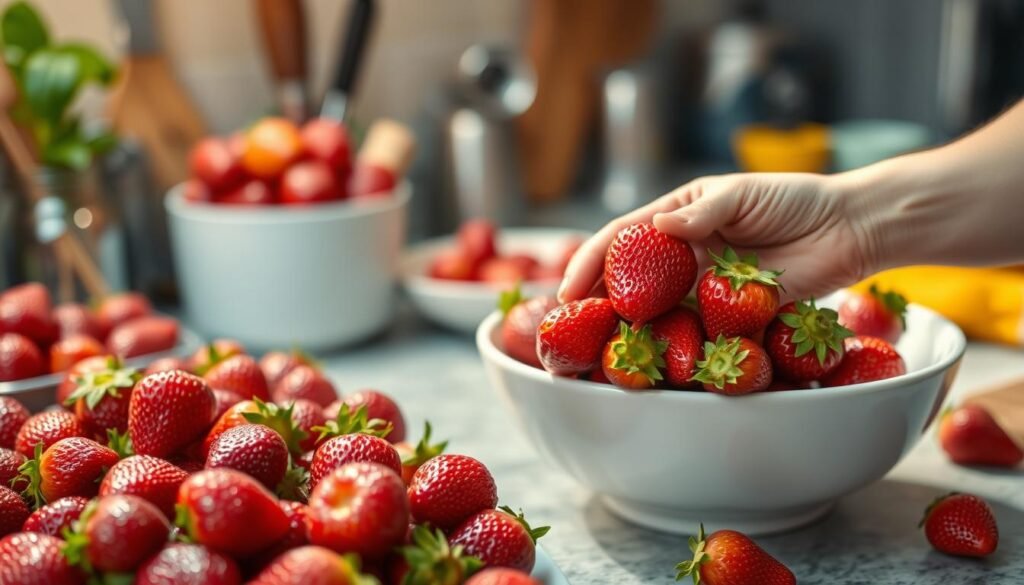 A vibrant kitchen counter filled with freshly-picked strawberries, glistening under soft, warm lighting. In the foreground, a person's hands carefully inspecting each berry, looking for blemishes or spots to remove. The middle ground showcases a bowl of clean, rinsed strawberries, their ruby-red color popping against the white ceramic. In the background, blurred kitchen tools and appliances suggest a well-organized, efficient workspace. The atmosphere conveys a sense of calm focus, emphasizing the importance of thorough, gentle cleaning to preserve the natural sweetness and texture of these delicate berries.