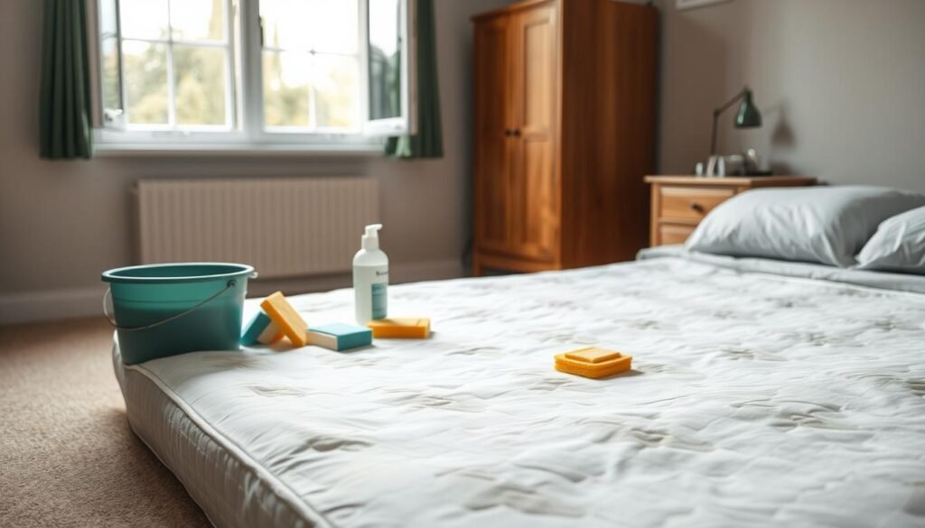 A well-lit bedroom scene. In the foreground, a mattress laid out on the floor, freshly stripped of its bedding. Nearby, cleaning supplies - a bucket, sponges, and a bottle of mattress cleaner - are neatly arranged. The middle ground features an open window, allowing natural light to stream in and illuminate the space. In the background, a wooden dresser and nightstand provide a sense of the larger bedroom environment. The overall mood is one of orderliness and preparation, setting the stage for a thorough mattress cleaning session.