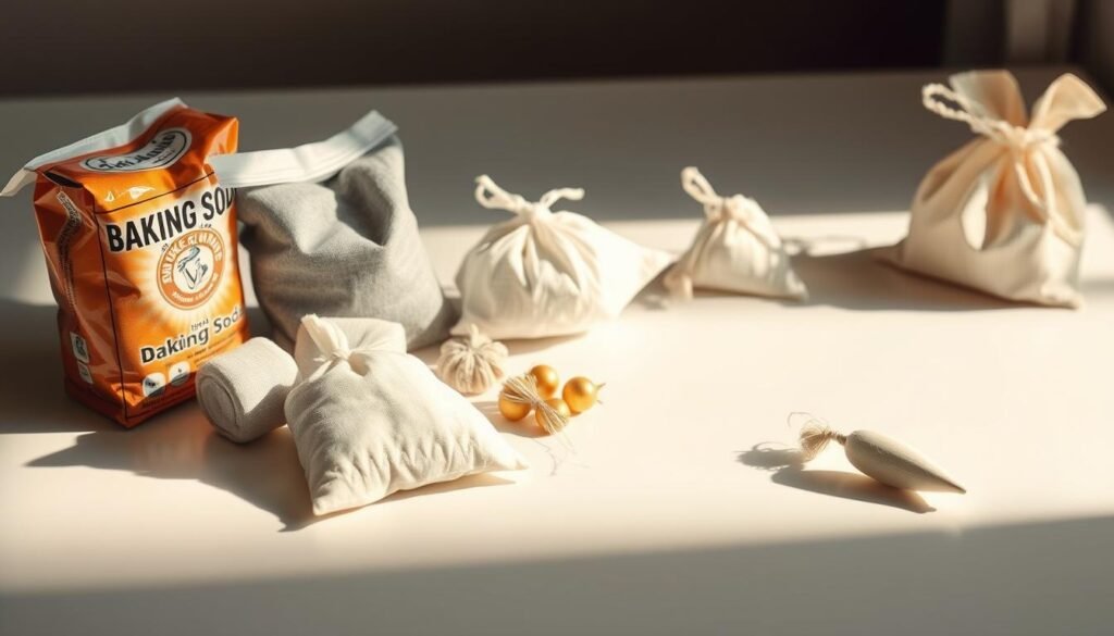 A well-lit, close-up image of various household items used for deodorizing and freshening, such as baking soda, charcoal bags, and fragrant sachets, arranged artfully on a clean, white surface. The items cast soft shadows, creating a sense of depth and dimension. The lighting is warm and diffused, giving the scene a calming, inviting atmosphere. The overall composition emphasizes the simplicity and effectiveness of these common household deodorizing solutions, reflecting the "Drying, deodorizing, and keeping odors at bay" theme.