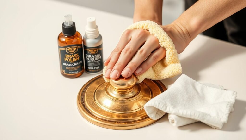 A well-lit, close-up shot of a pair of hands gently polishing a brass surface with a soft cloth, revealing its warm, lustrous shine. The hands are surrounded by an array of brass cleaning supplies - a brass polish, a brass scrub, and a selection of soft, lint-free cloths. The background is clean and minimal, allowing the brass and the process of maintaining it to be the focal point. Soft, directional lighting casts subtle shadows, accentuating the metal's intricate texture and curves. The overall mood is one of care, attention to detail, and the satisfaction of preserving the beauty of a timeless material.