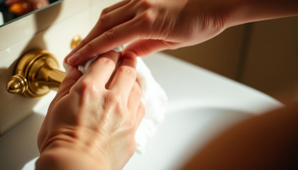 A well-lit, close-up view of a person's hands carefully polishing a brass bathroom fixture with a soft cloth. The fixture is gleaming and free of tarnish, showcasing its warm, golden hue. Soft, even lighting illuminates the scene, creating a sense of focus and attention to detail. The background is blurred, placing the cleaning process at the center of the frame. The overall atmosphere is one of quiet, methodical care and attention, highlighting the step-by-step approach to achieving a sparkling, pristine brass finish.