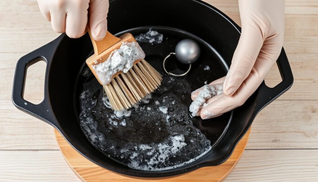 A well-lit, close-up view of a person's hands deeply scrubbing a cast iron skillet with a stiff-bristled brush. The skillet is positioned on a wooden surface, its dark, seasoned surface contrasting with the light background. Detailed textures of the skillet's interior and exterior are visible, along with the suds and grime being removed. The hands are wearing light-colored rubber gloves, conveying a sense of thorough, attentive cleaning. The overall scene has a warm, earthy tone, highlighting the artisanal nature of maintaining cast iron cookware.